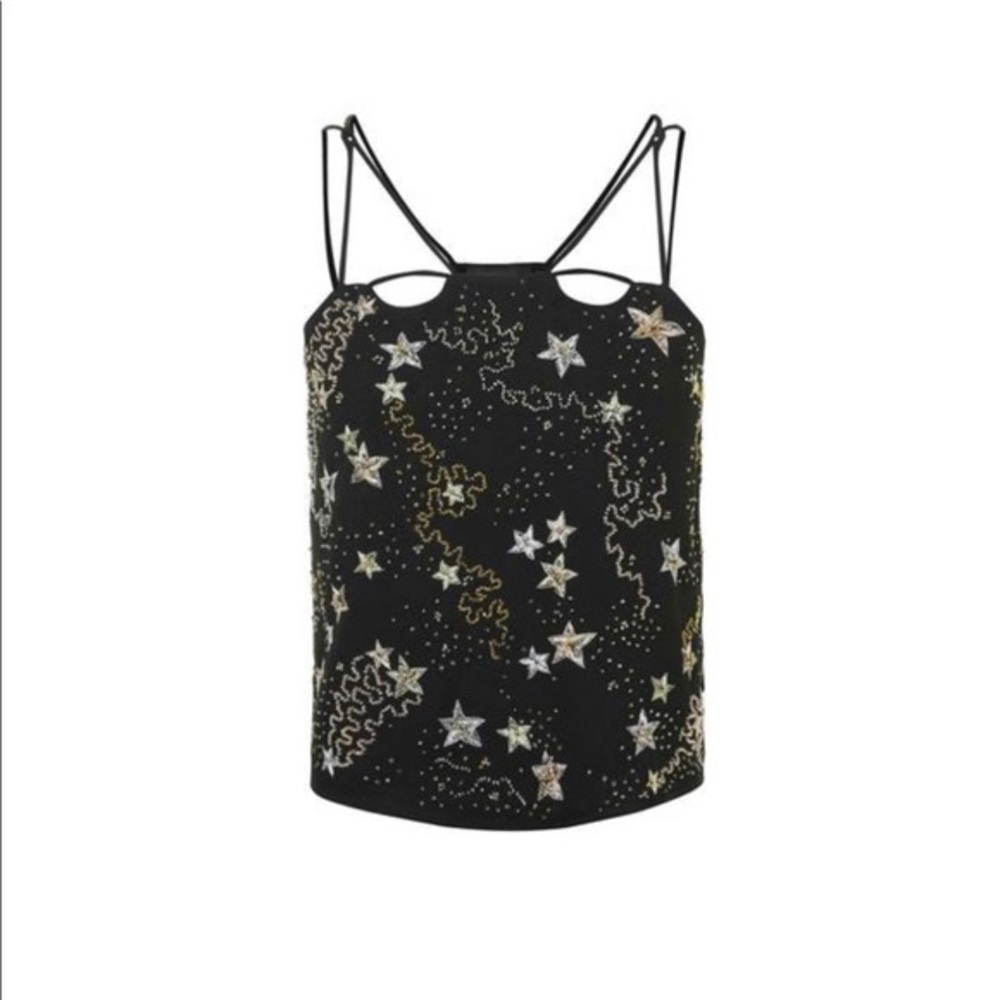 Topshop - Black Strappy Crop Top w/ Embroidered & Beaded Gold Stars  - Sz. 6 S/M